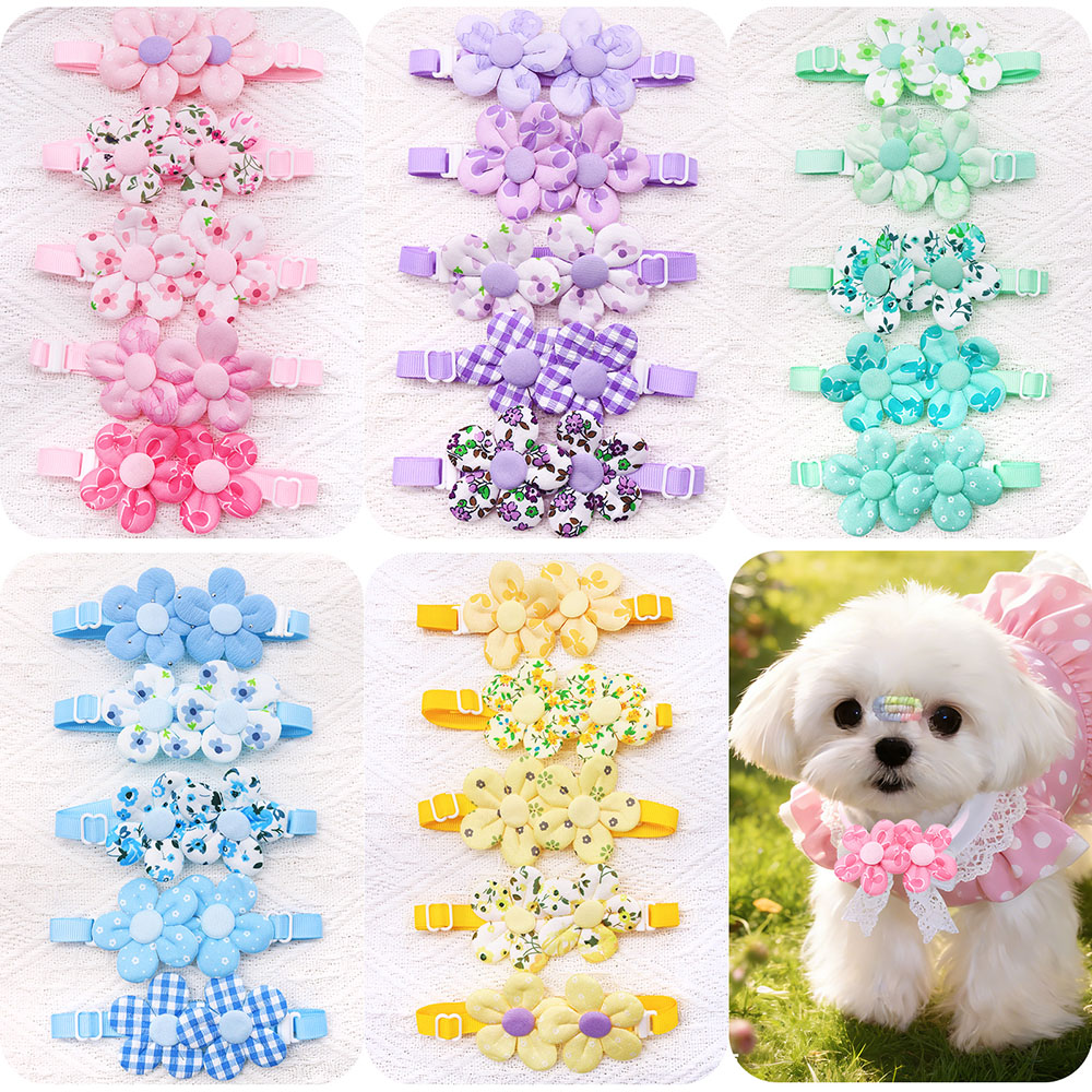 Pet Supplies Coupon - โบว์ผูกคอรูปดอกไม้ 10 ชิ้น สำหรับสุนัขและแมว ปรับขนาดได้ สีสันสดใส