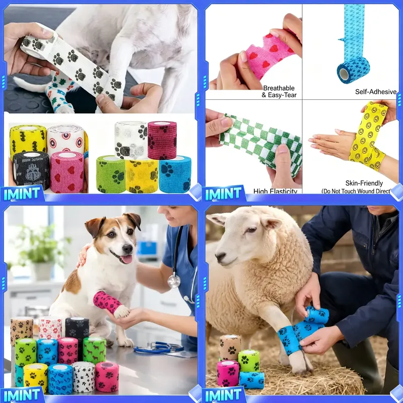 Pet Supplies Vet - ผ้าพันแผลพันเองแบบมีกาวในตัว ลายอุ้งเท้าสัตว์ ระบายอากาศได้ สำหรับสุนัขและแมว ใช้สำหรับดูแลบาดแผล อุปกรณ์ปฐมพยาบาลสัตว์เลี้ยง